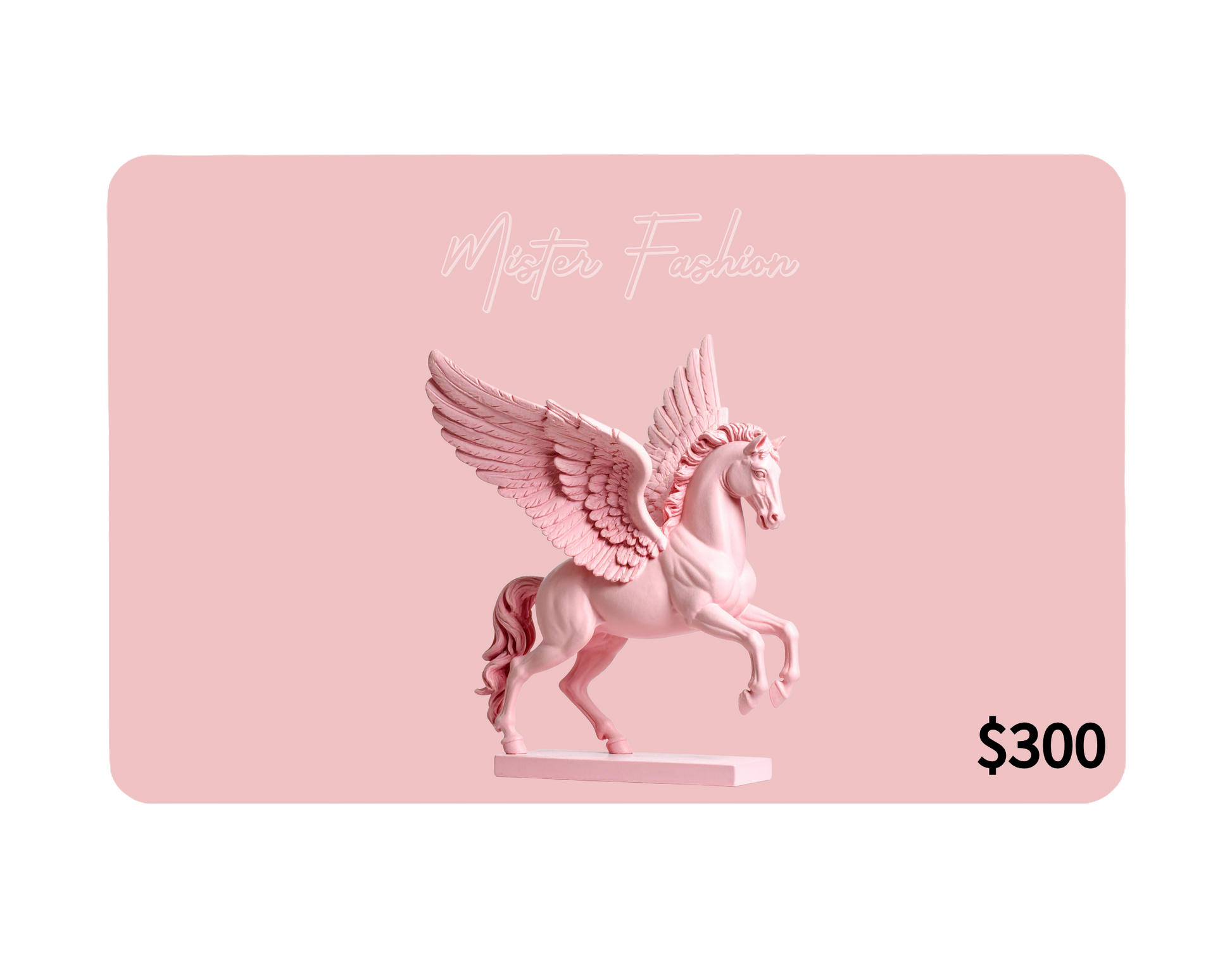 a digital 300 gift card in pink with a pink pegasus statue.