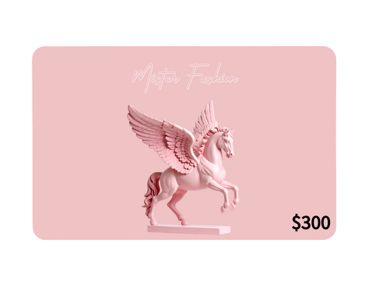 a digital 300 gift card in pink with a pink pegasus statue.