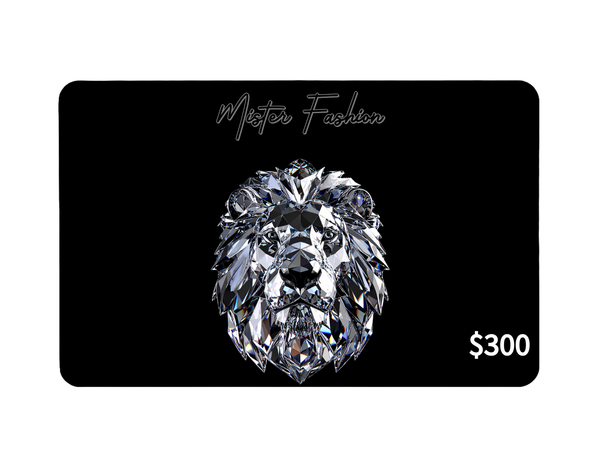 a digital 300 gift card in black with a diamond lion head.