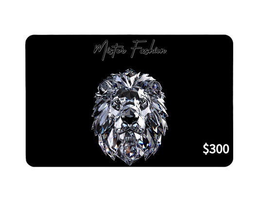 a digital 300 gift card in black with a diamond lion head.