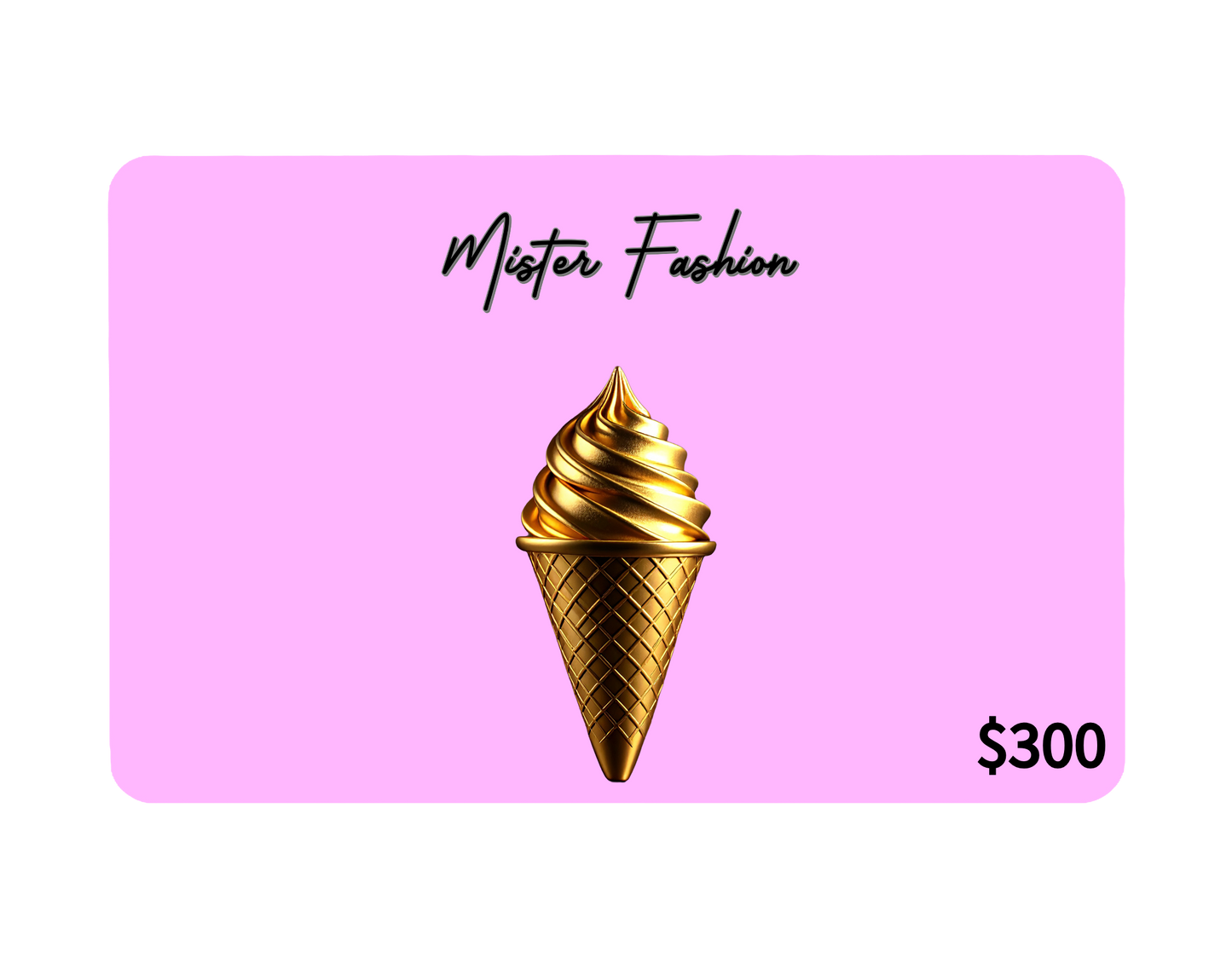 a digital 300 gift card in pink with a gold ice cream cone.