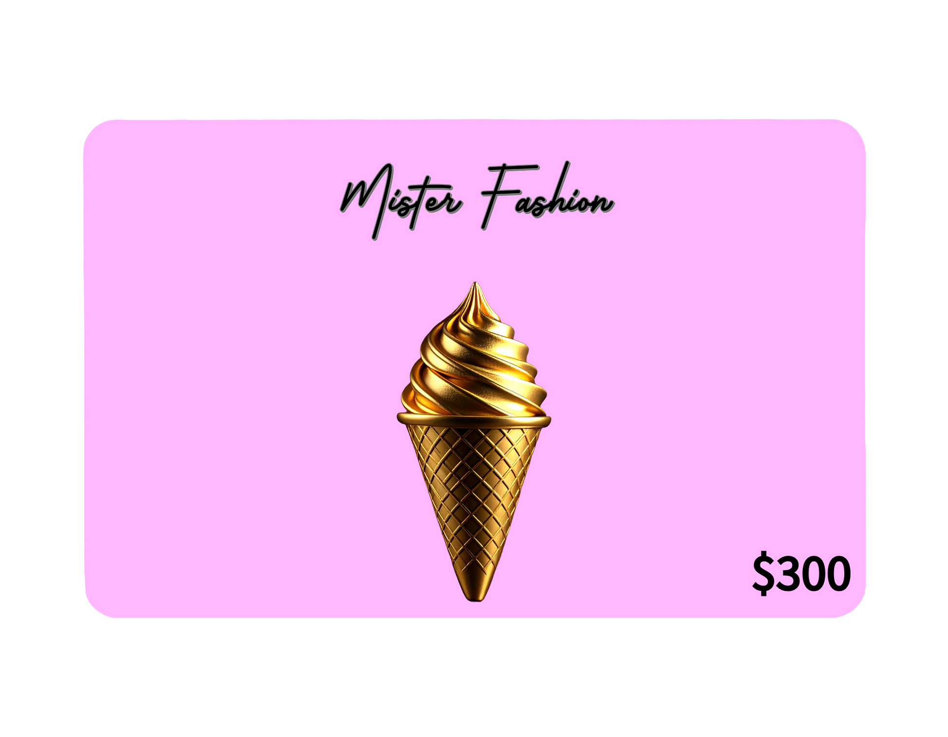 a digital 300 gift card in pink with a gold ice cream cone.