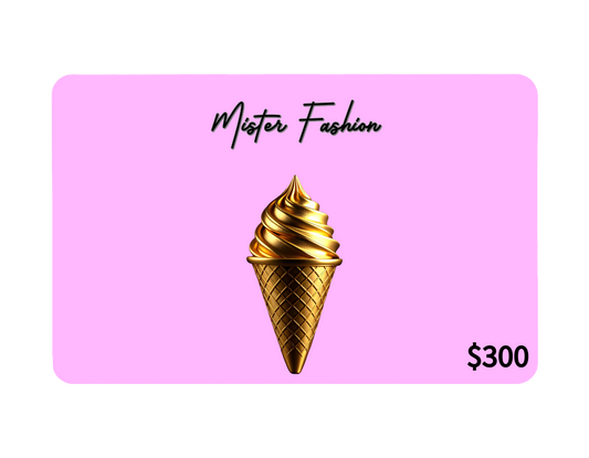 a digital 300 gift card in pink with a gold ice cream cone.