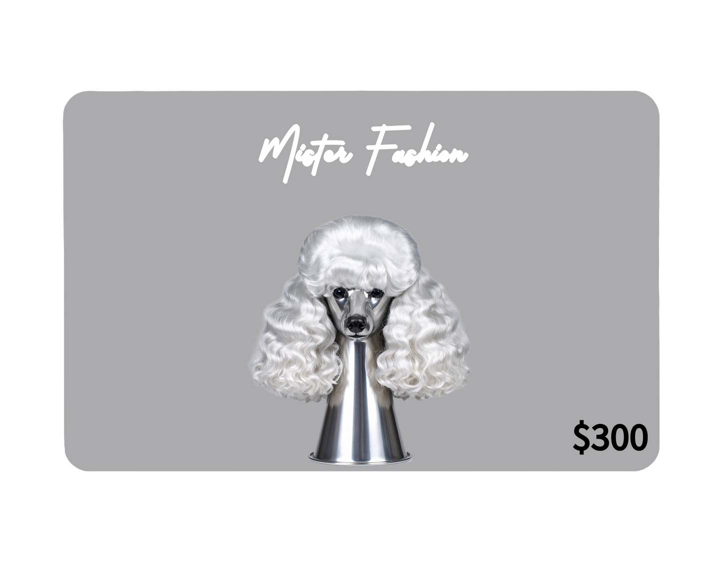 a digital 300 gift card in grey with a poodle head. 