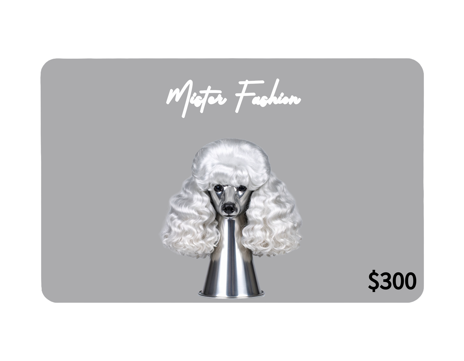 a digital 300 gift card in grey with a poodle head. 