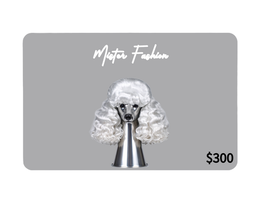 a digital 300 gift card in grey with a poodle head. 