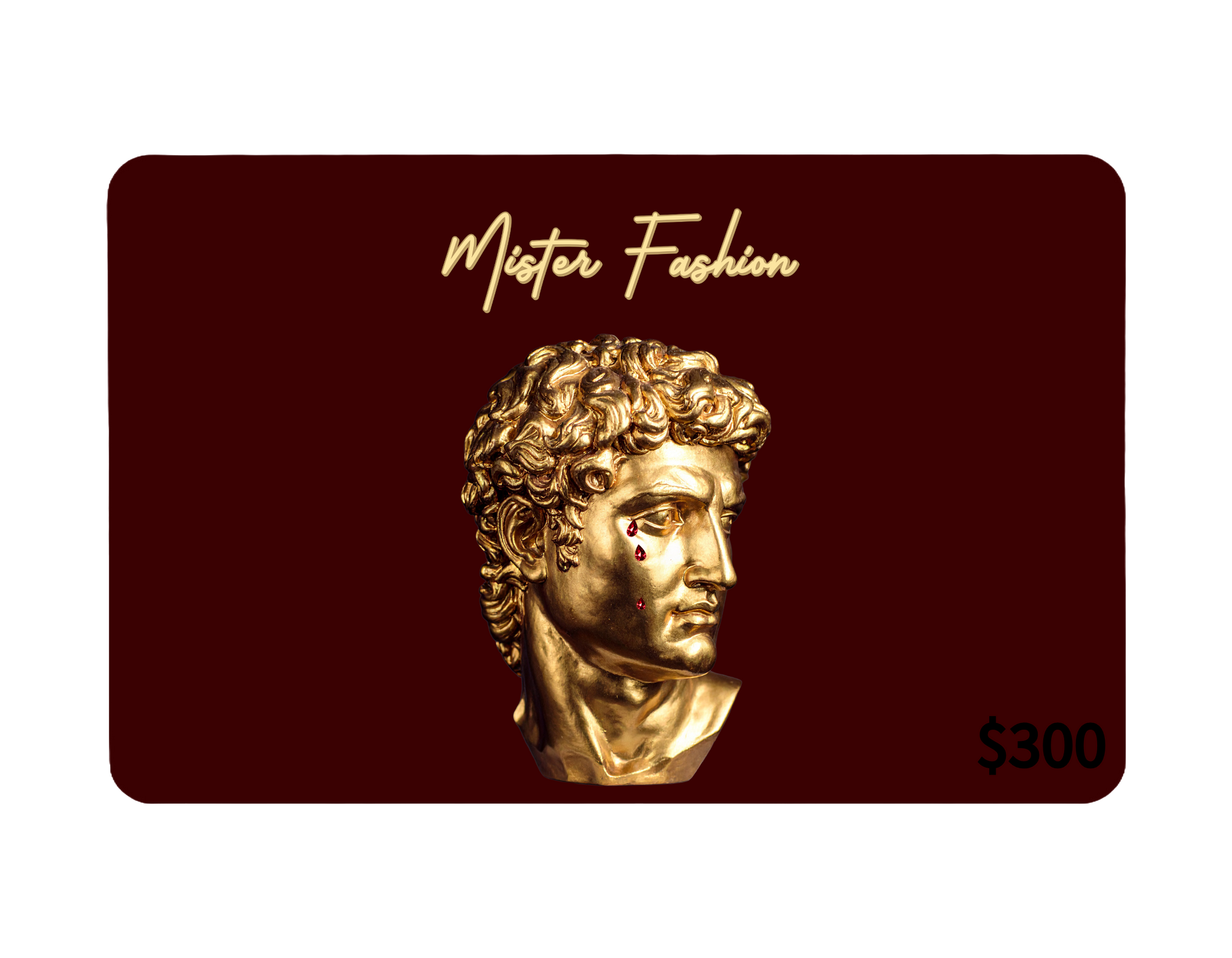 a digital 300 gift card in red with a gold statue crying rubies. 