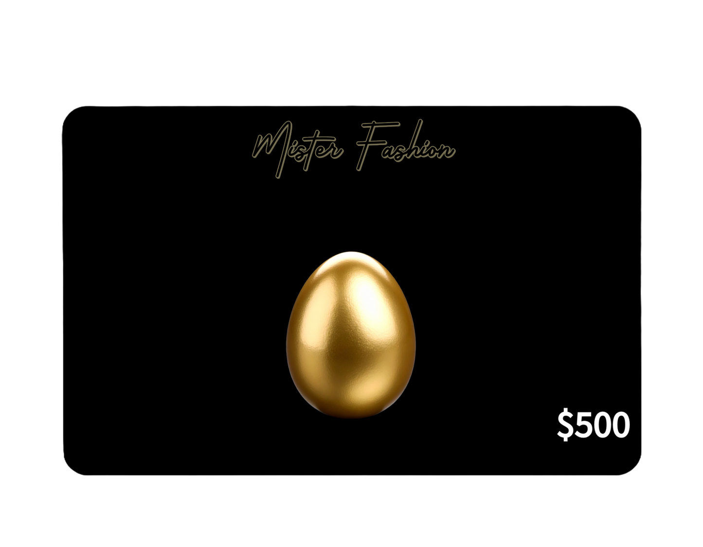 a digital 500 gift card in black with a Golden Egg. 
