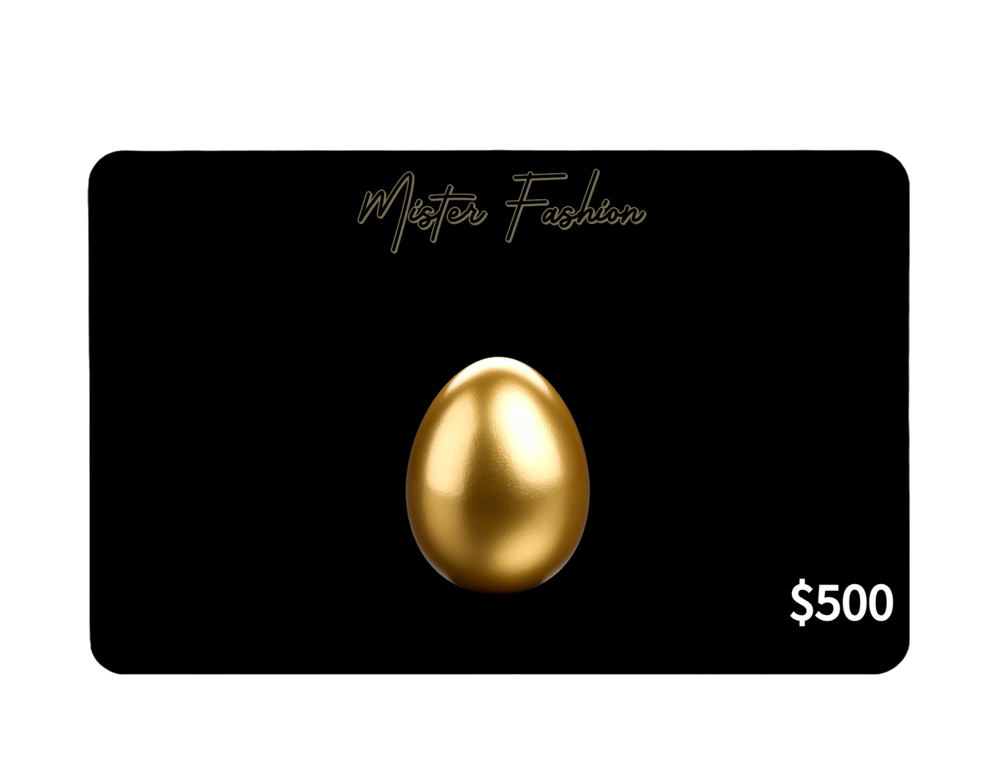 a digital 500 gift card in black with a Golden Egg. 