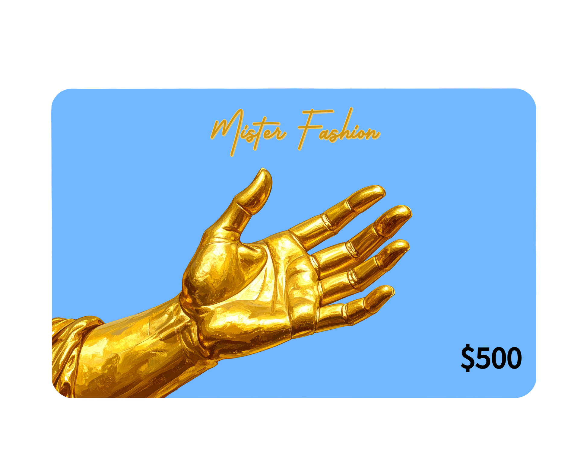 a digital 500 gift card in light blue with a golden statues hand. 