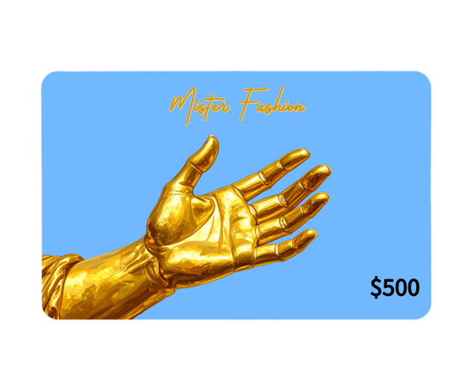 a digital 500 gift card in light blue with a golden statues hand. 