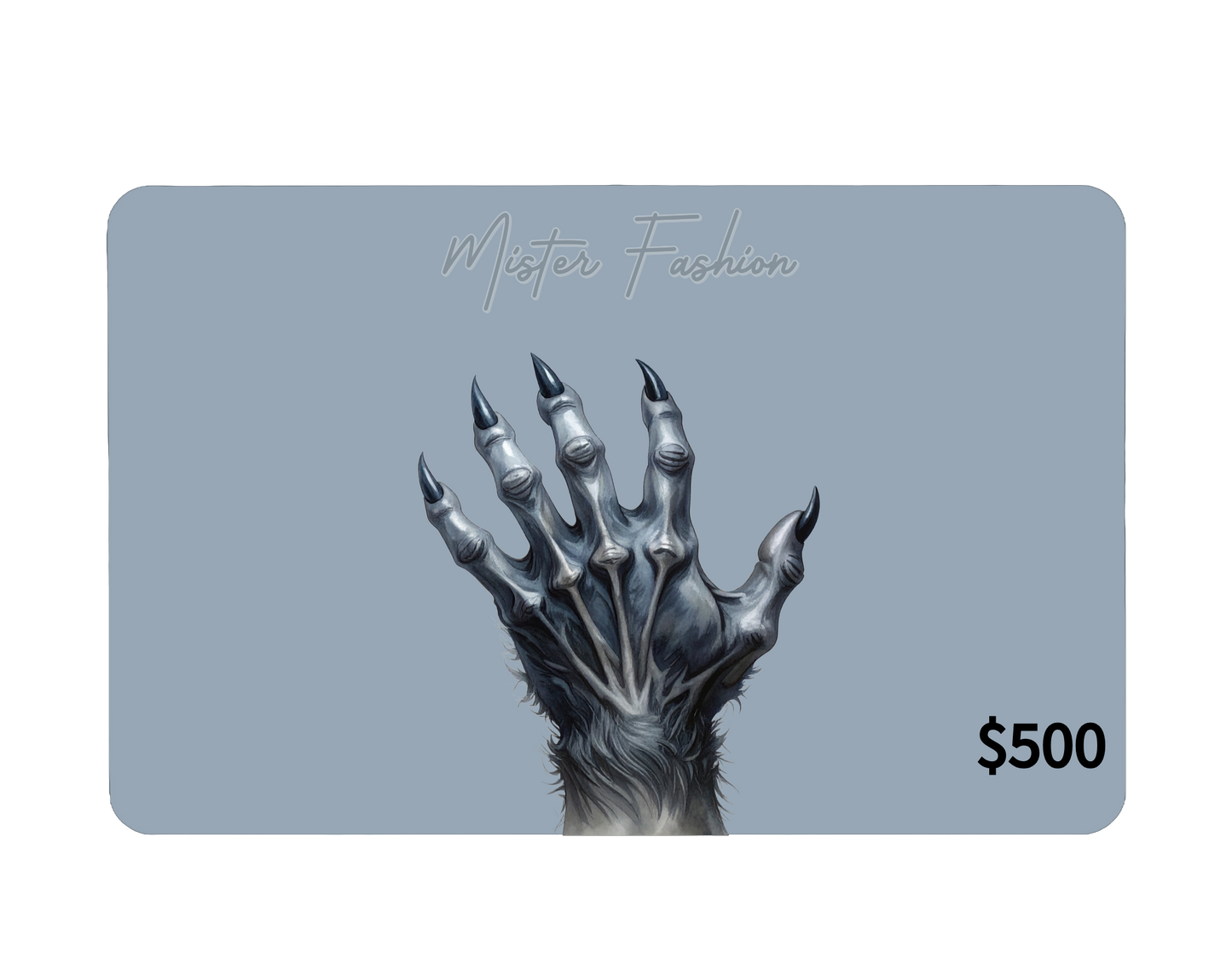 a digital 500 gift card in grey with a werewolves hand.