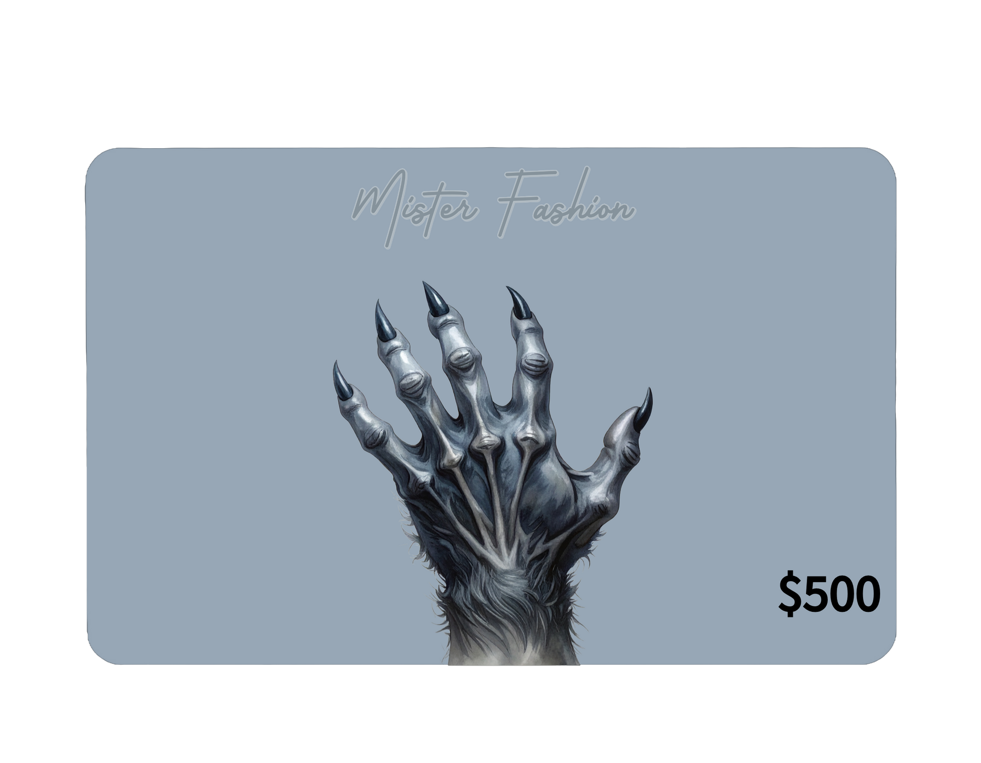 a digital 500 gift card in grey with a werewolves hand.