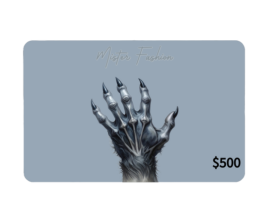 a digital 500 gift card in grey with a werewolves hand.