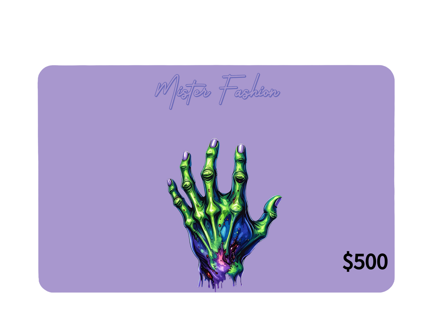 a digital 500 gift card in purple with a green zombie hand. 