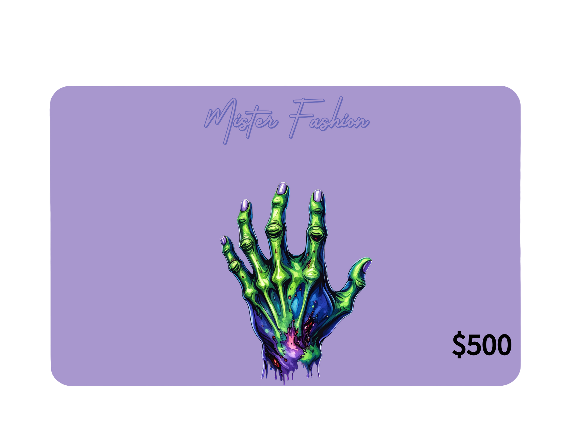 a digital 500 gift card in purple with a green zombie hand. 
