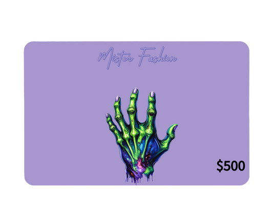 a digital 500 gift card in purple with a green zombie hand. 