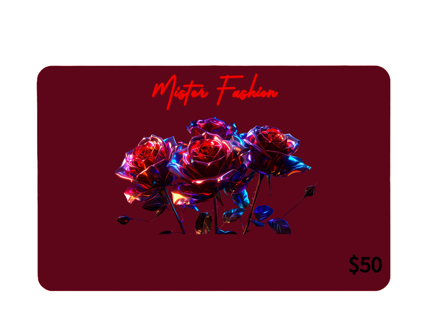 a digital 50 gift card in red with metal roses.