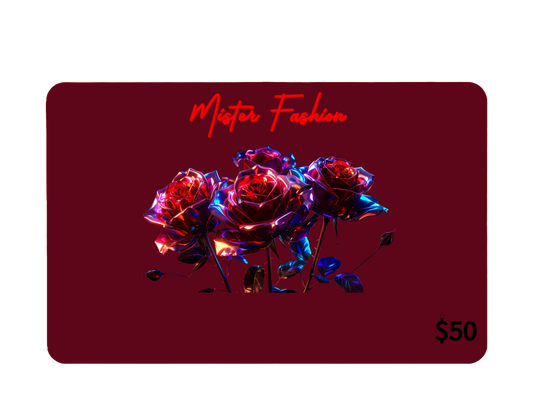 a digital 50 gift card in red with metal roses.