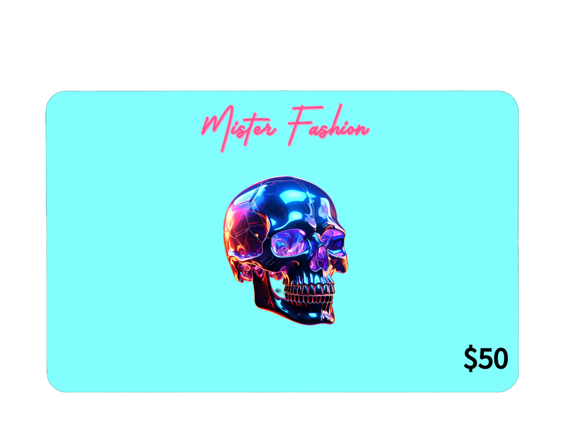 a digital 50 gift card in blue with a skull. 