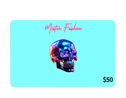 a digital 50 gift card in blue with a skull. 