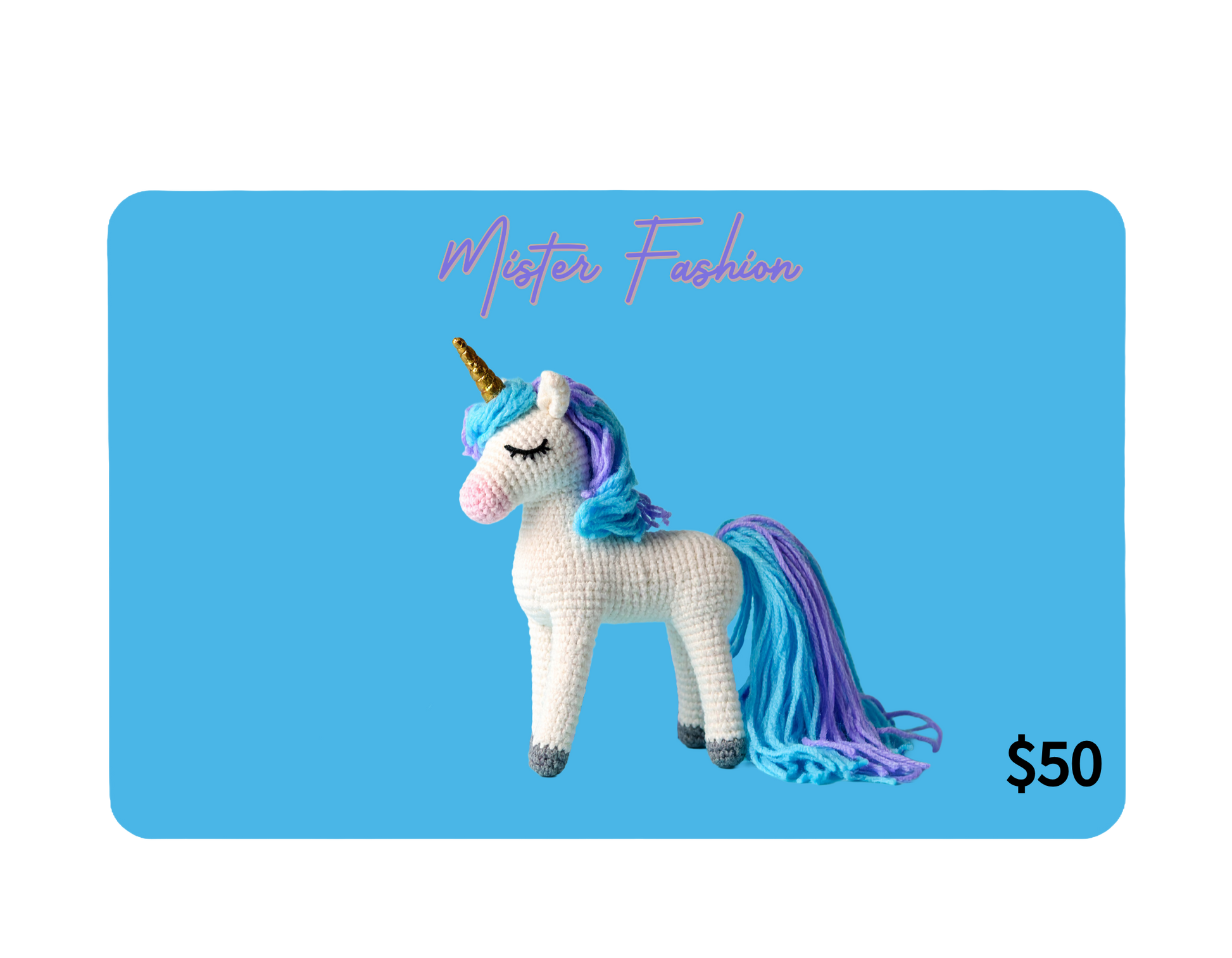 a digital 50 gift card in blue with a yarn unicorn. 