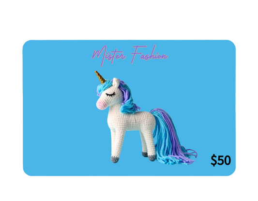 a digital 50 gift card in blue with a yarn unicorn. 