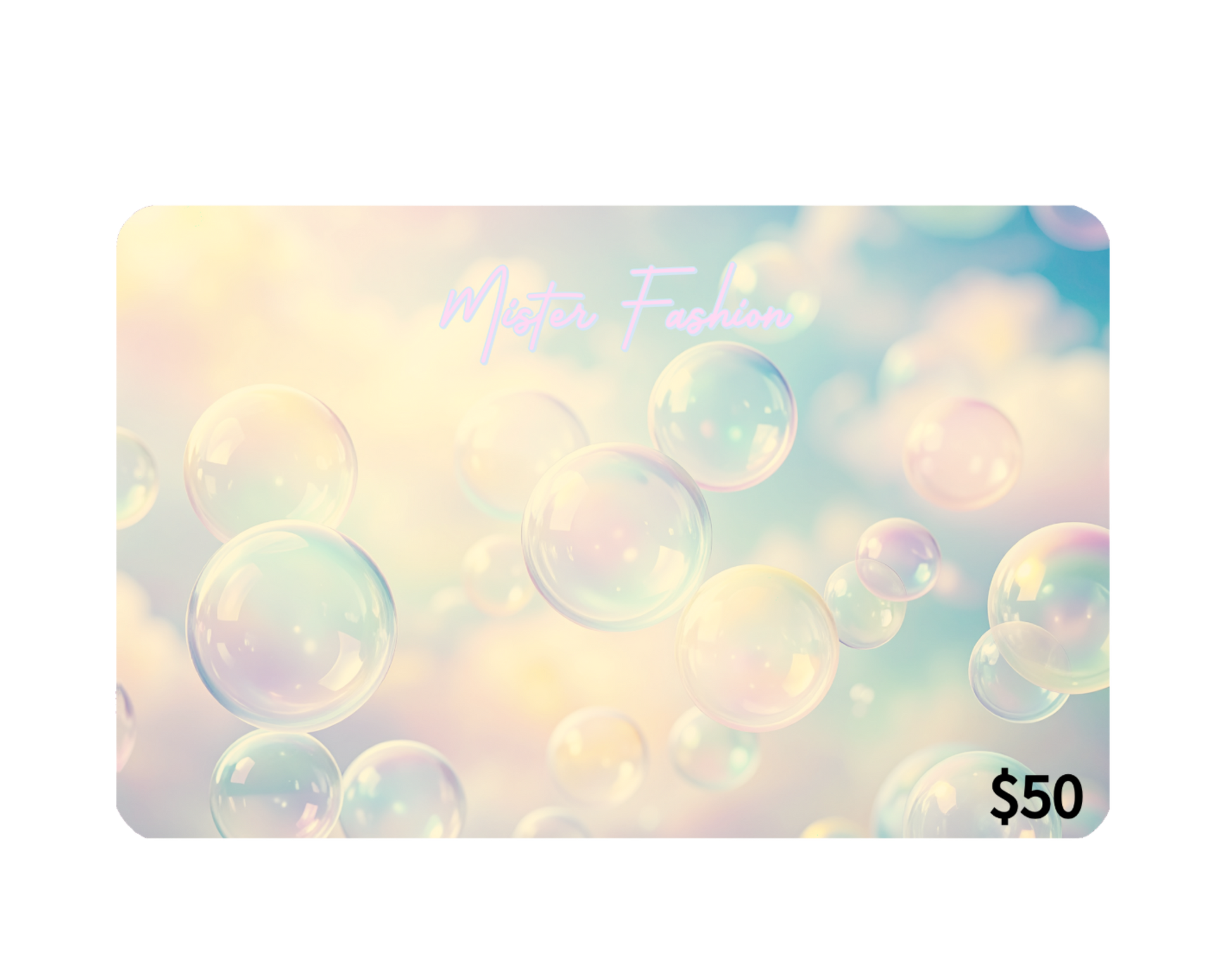 a digital 50 gift card in blue with bubbles. 