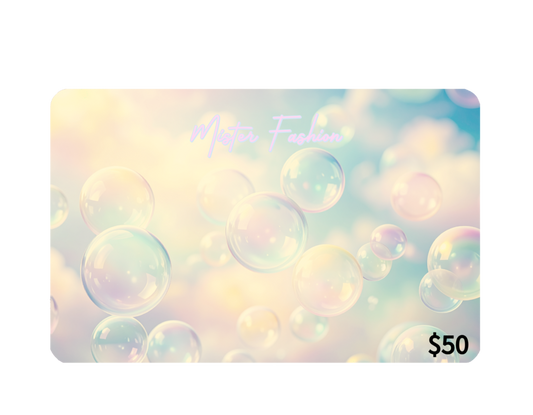 a digital 50 gift card in blue with bubbles. 