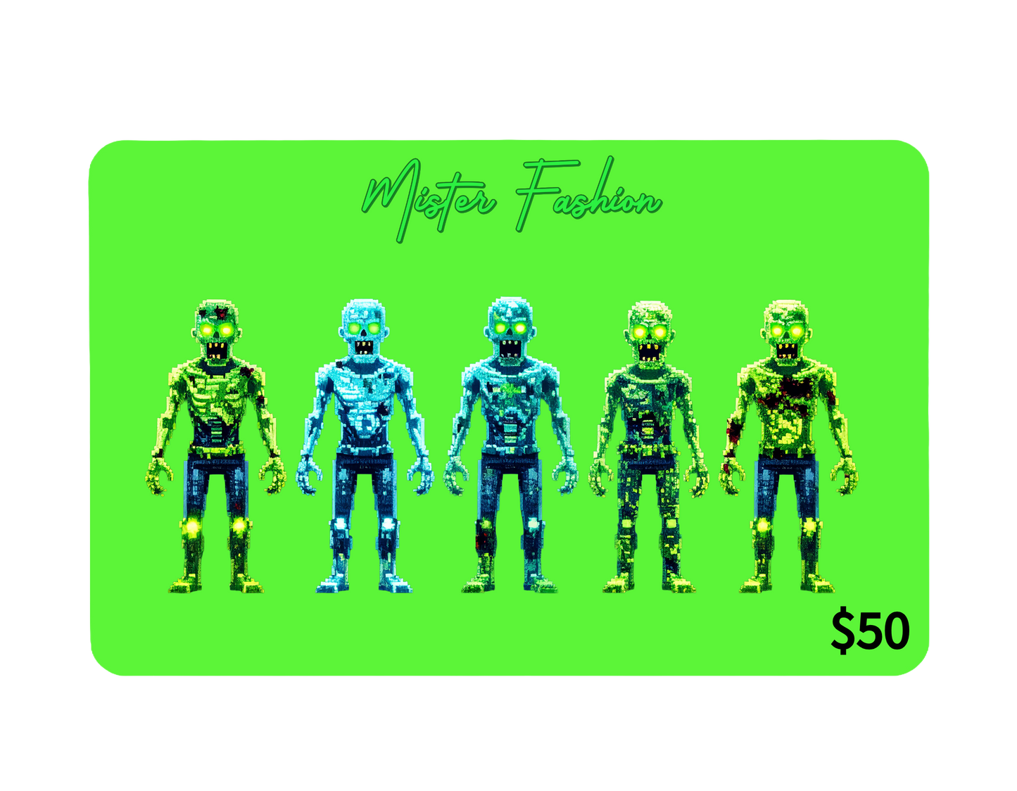 a digital 50 gift card in neon green with zombies. 