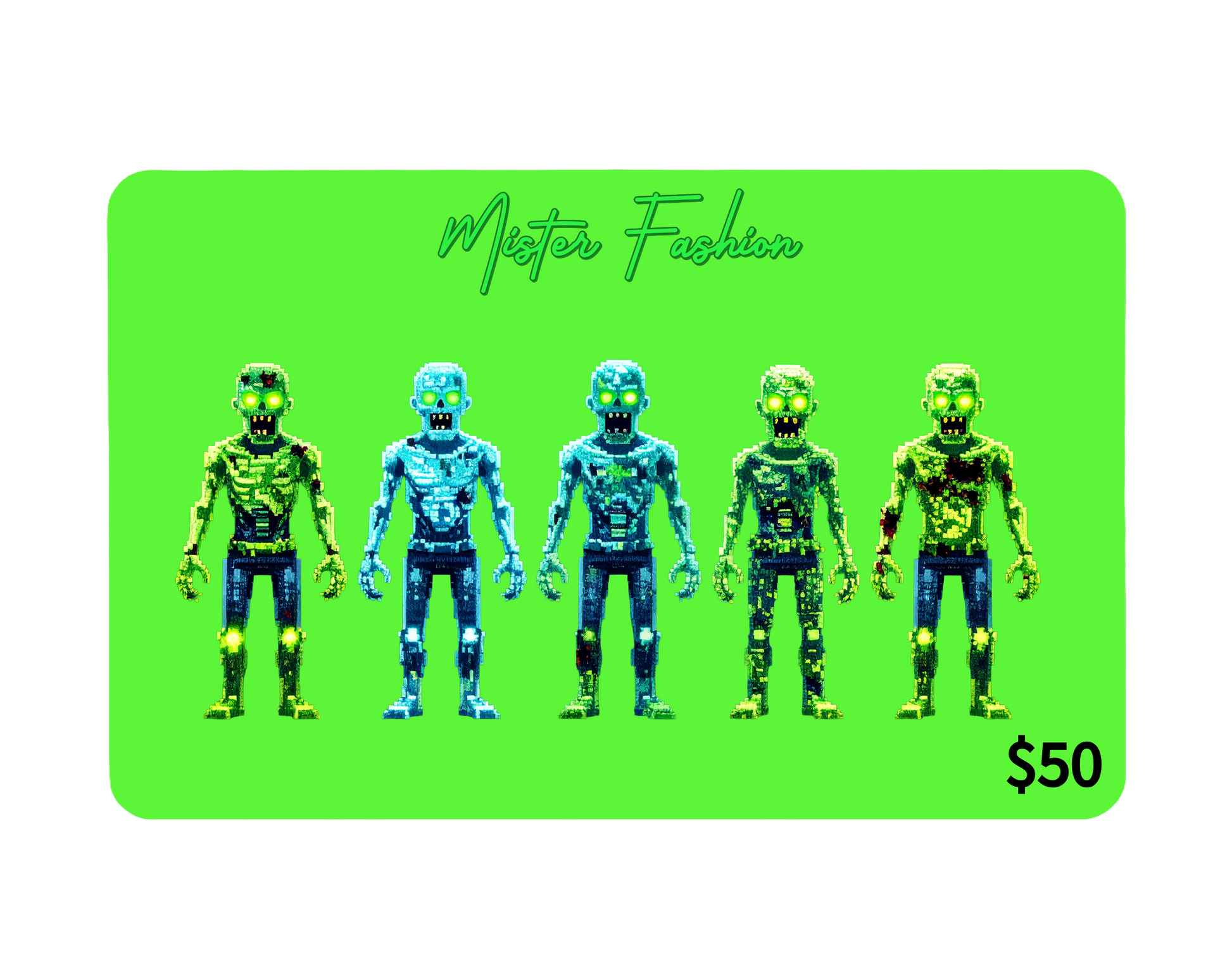 a digital 50 gift card in neon green with zombies. 