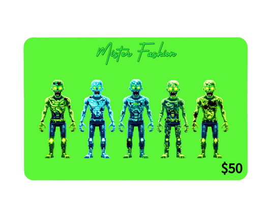 a digital 50 gift card in neon green with zombies. 