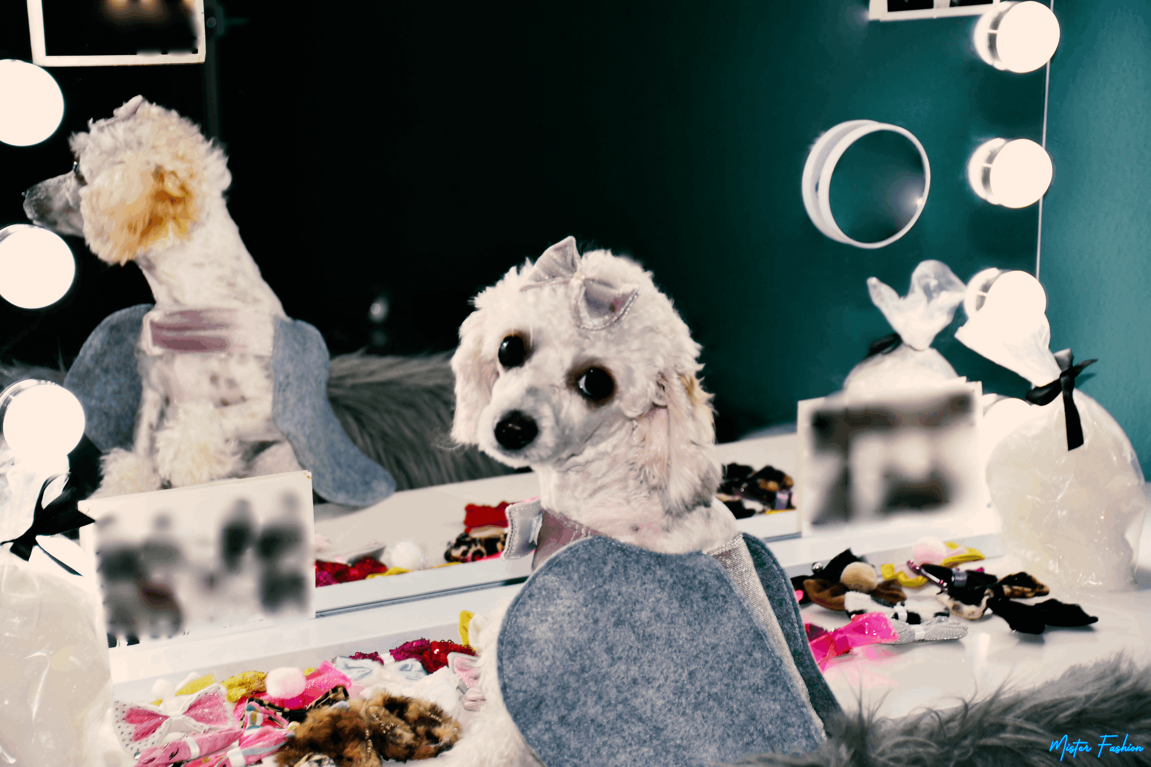 Cele is in front of a mirror wearing an elephant pet costume by mister fashion studio. 