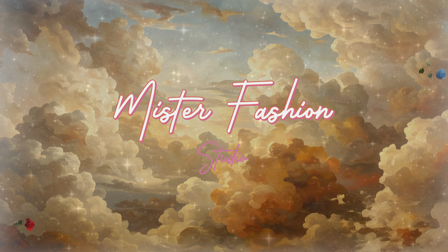 a oil painting of clouds and mister fashion studio logo