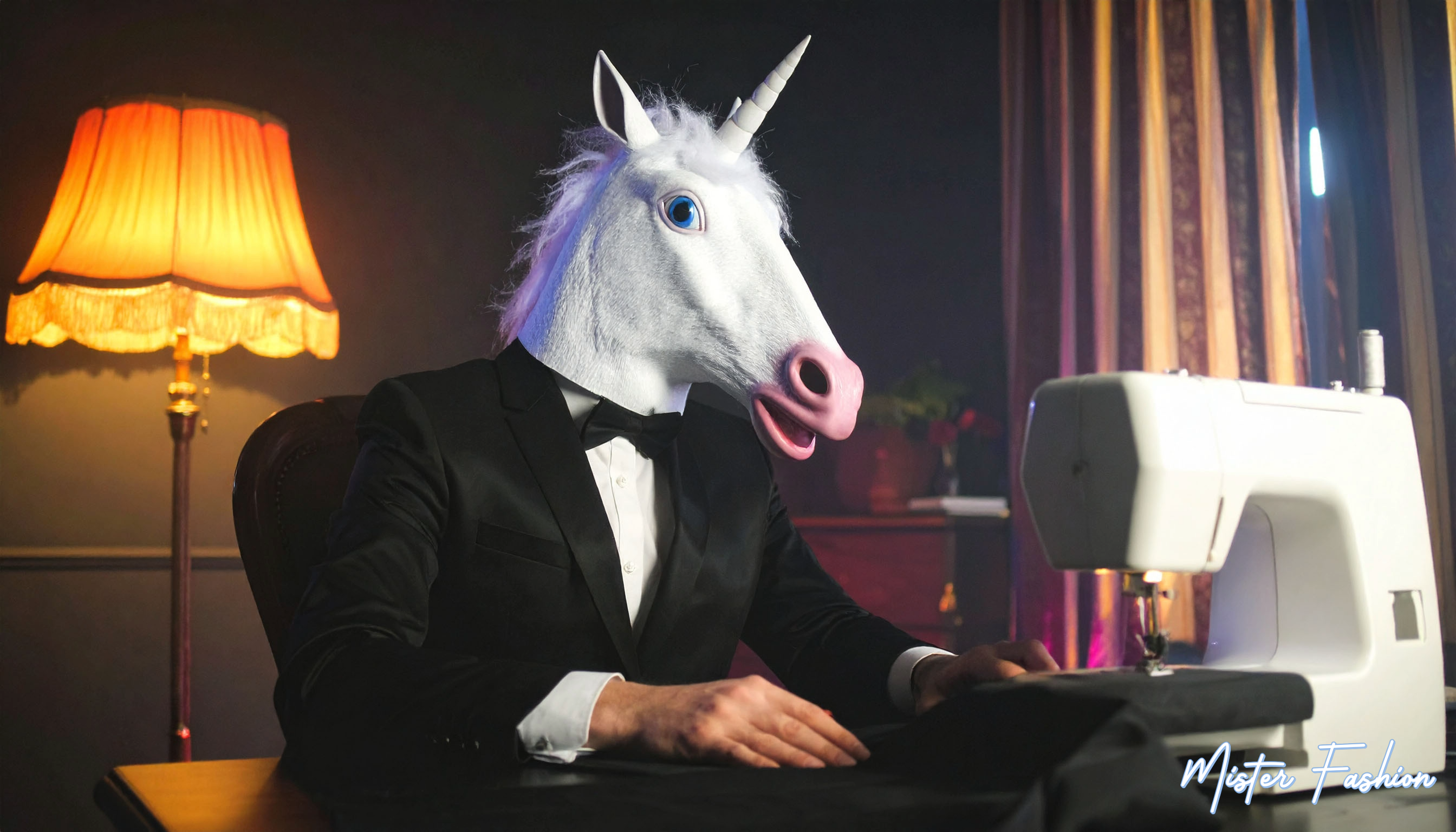 A unicorn designer is sewing.