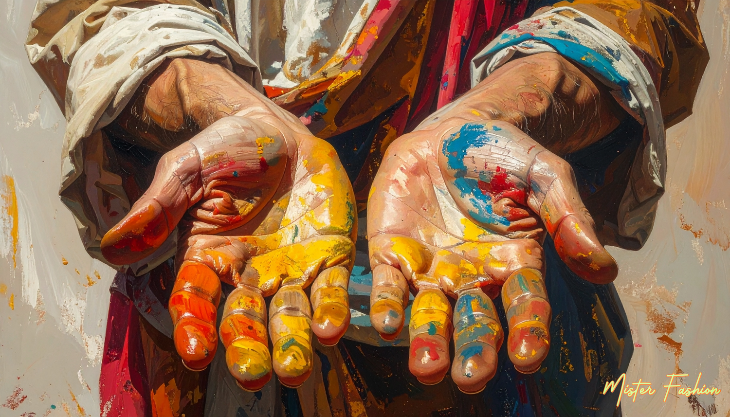 a man holds his hands out and has paint on them.