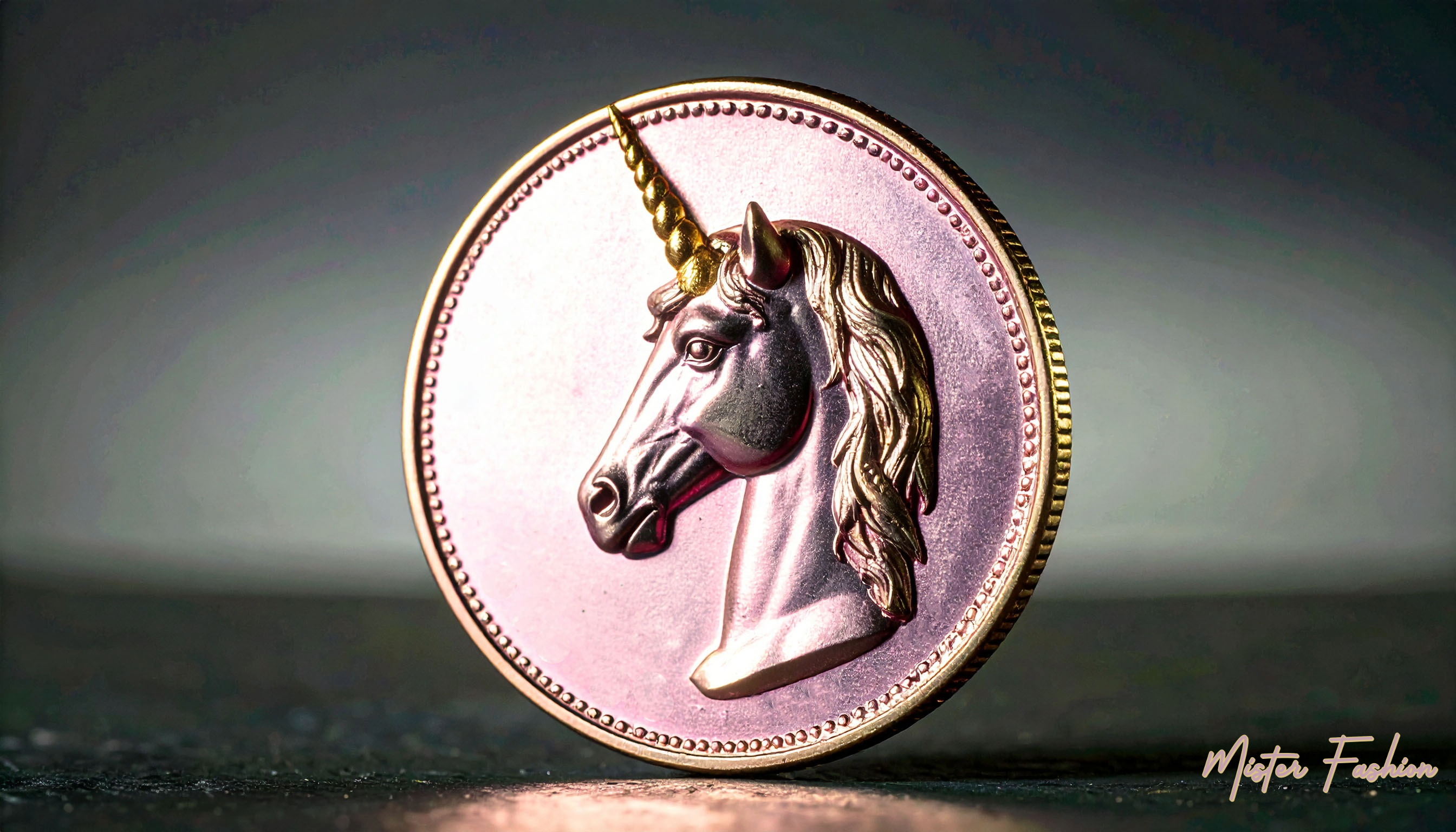 a rose gold coin with a unicorn head.