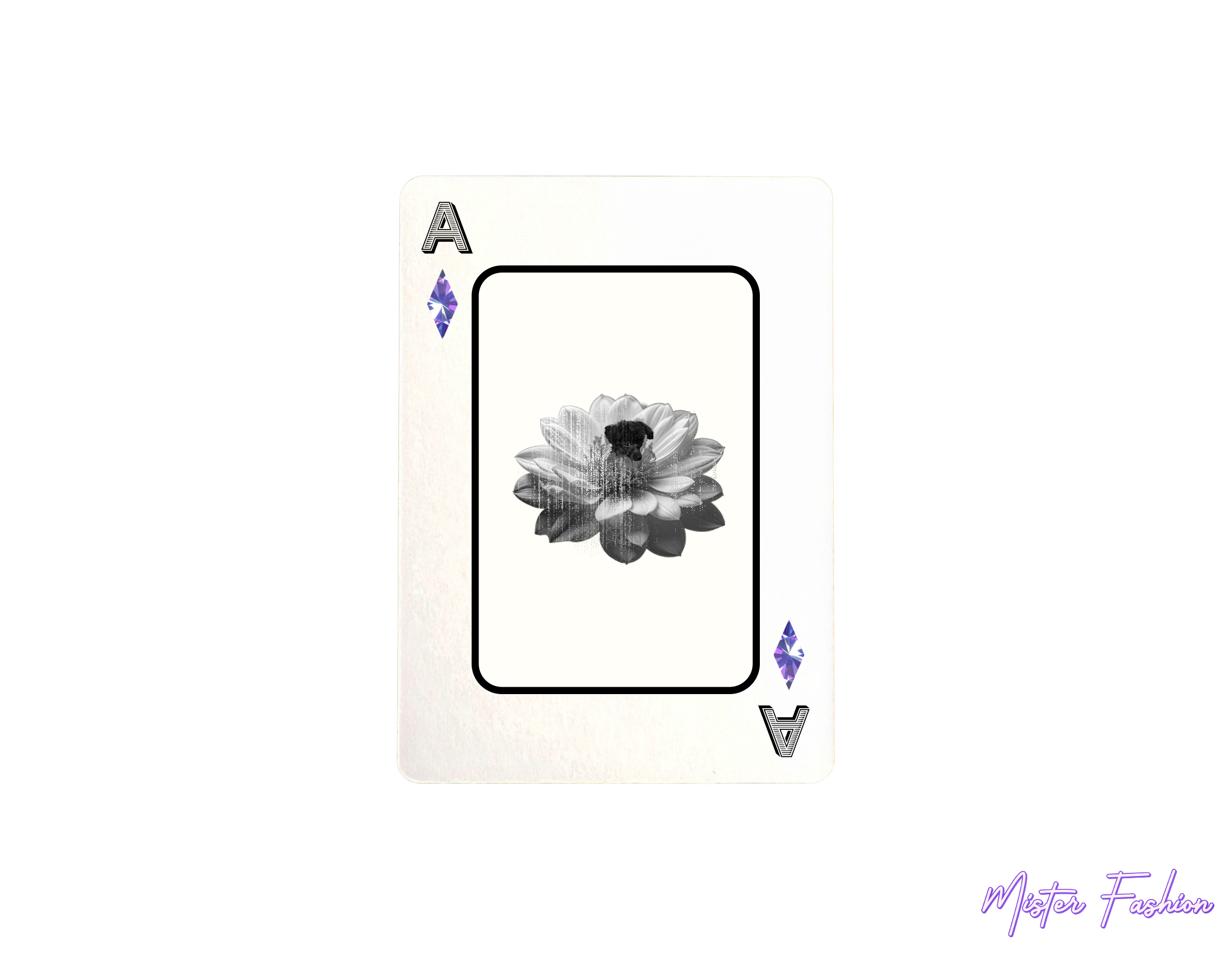 an ace card created by mister fashion with a flower and a poodle. this is ace of diamonds. 