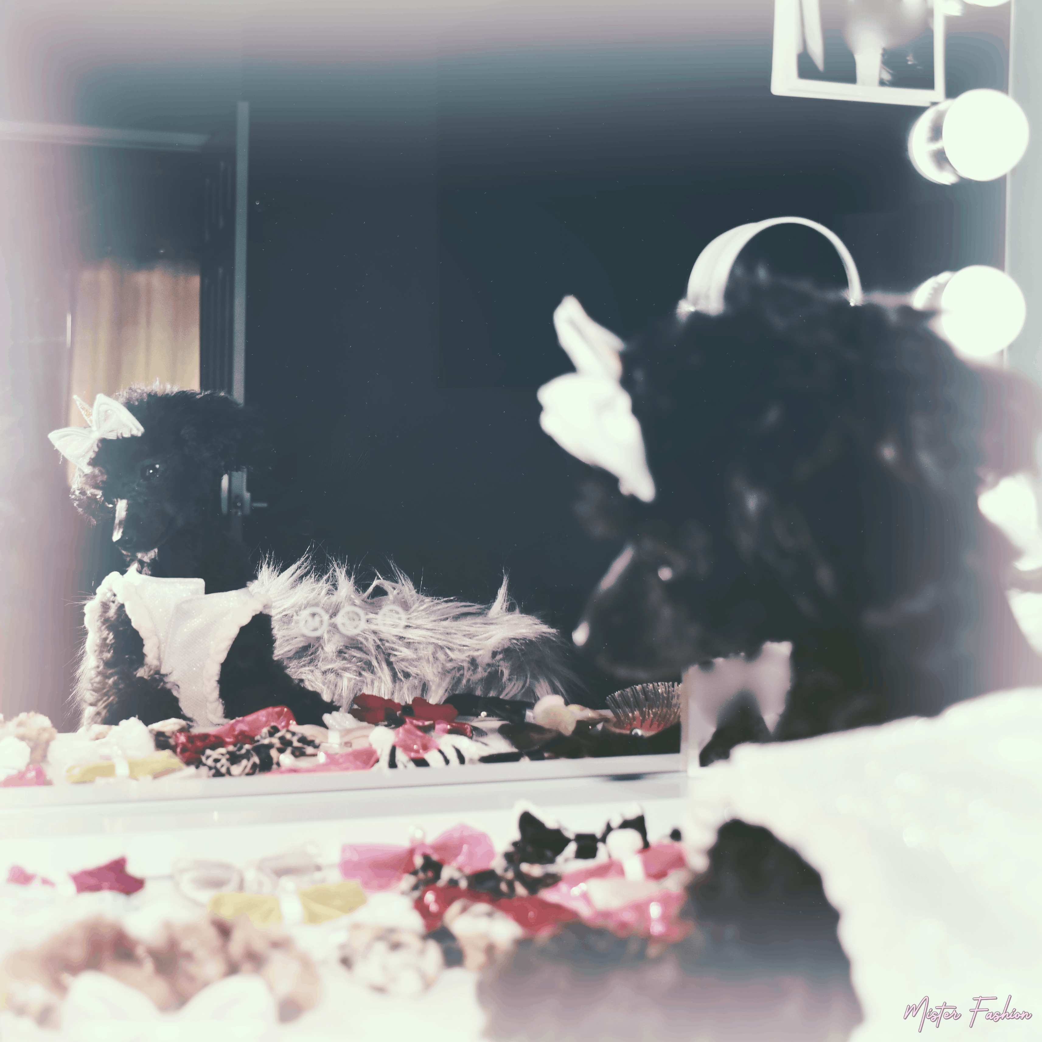 Aura the toy poodle modeling her costume by mister fashion studio.