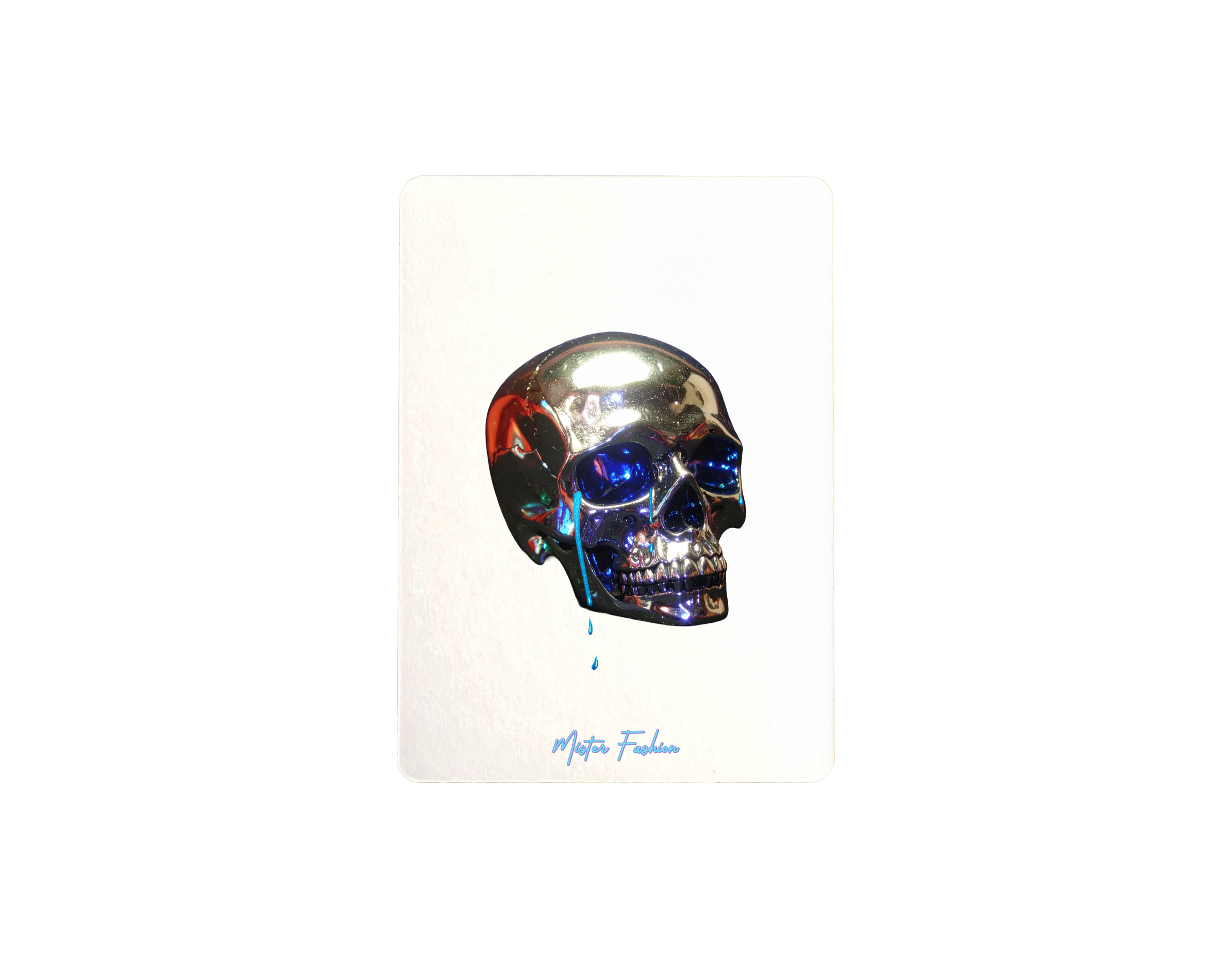 a silver skull crying a blue glitter liquid