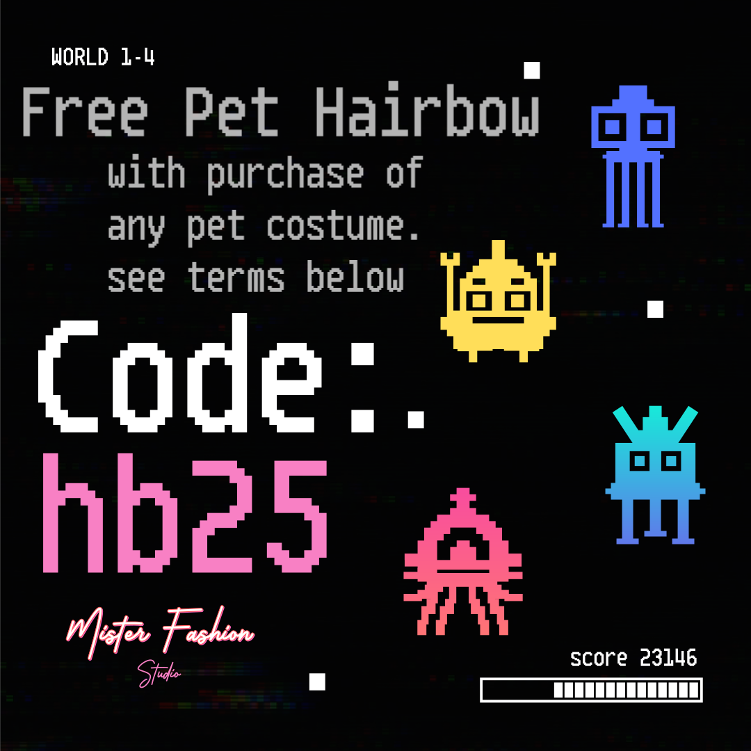 banner for code hb25. free pet hair bow with purchase of any costume. 