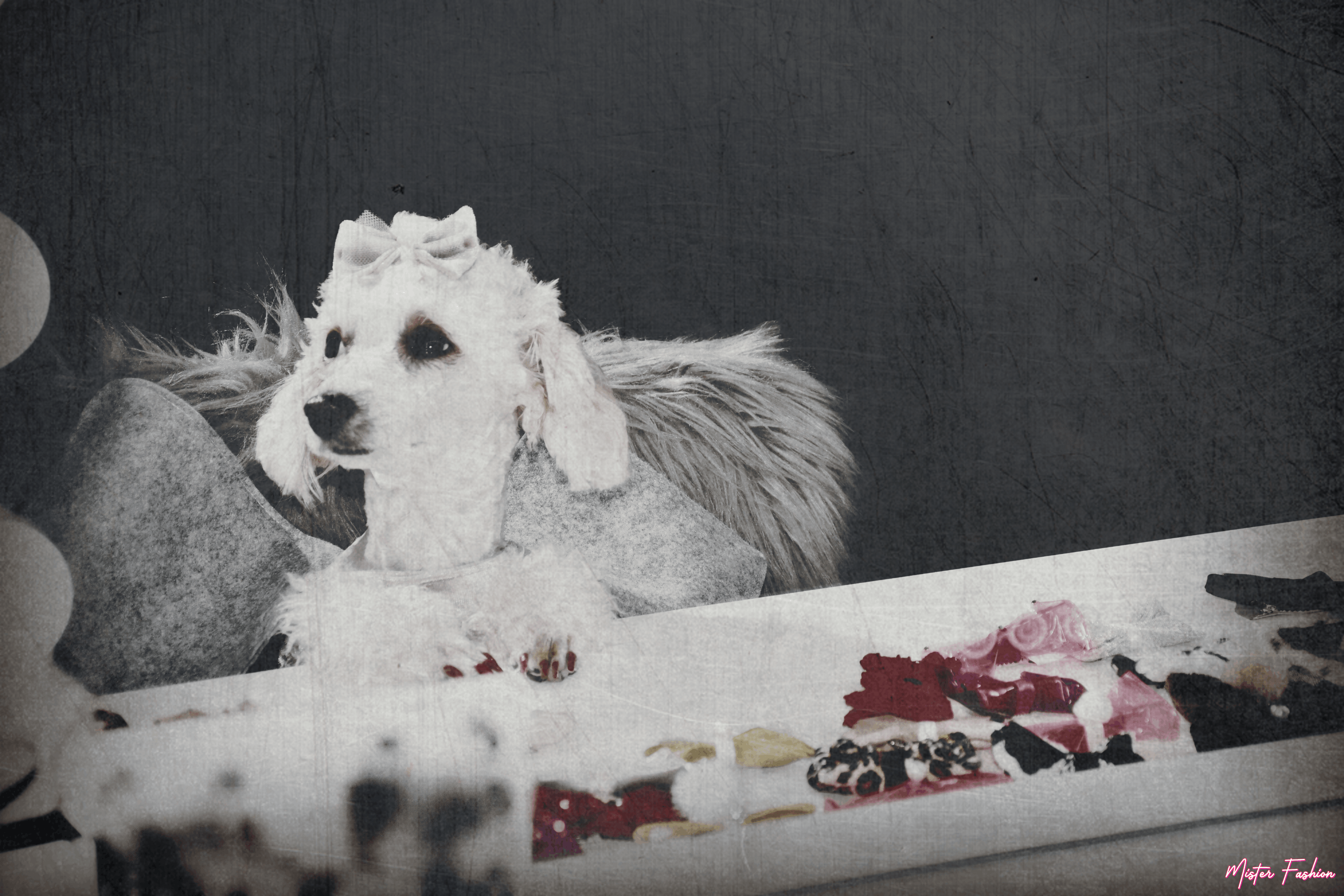 Celine the poodle wears an elephant costume and hair bow by mister fashion studio.