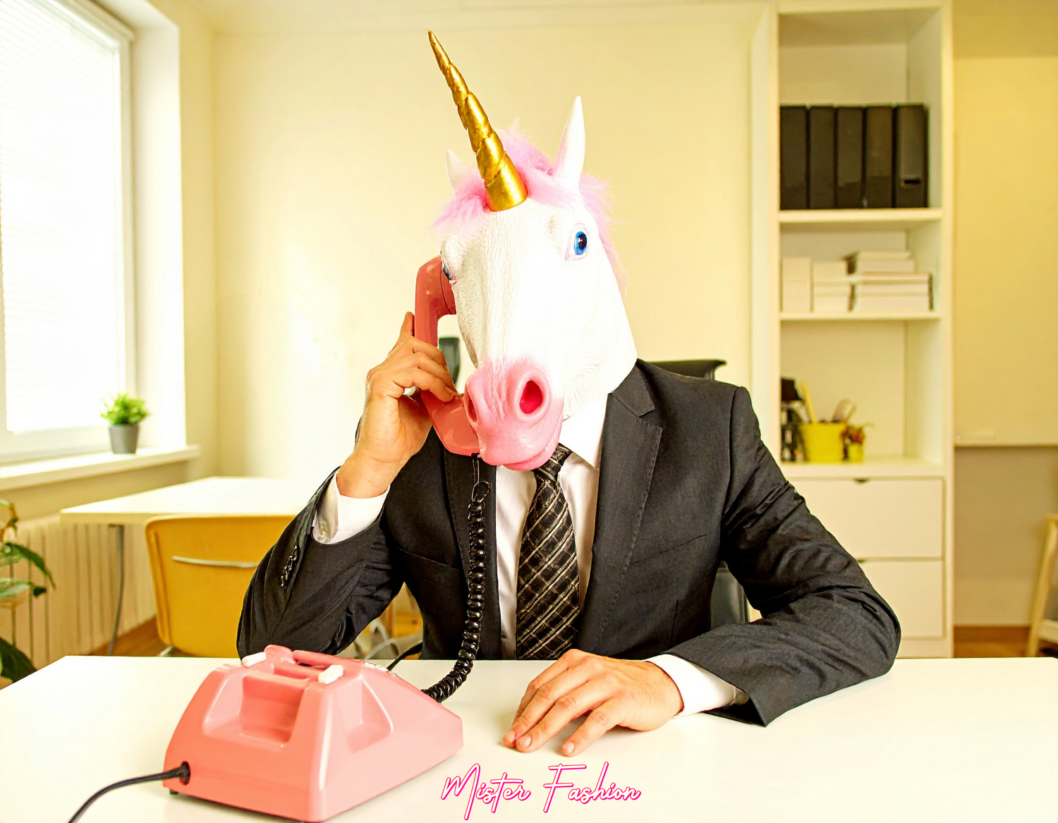 a unicorn is talking on the phone. 