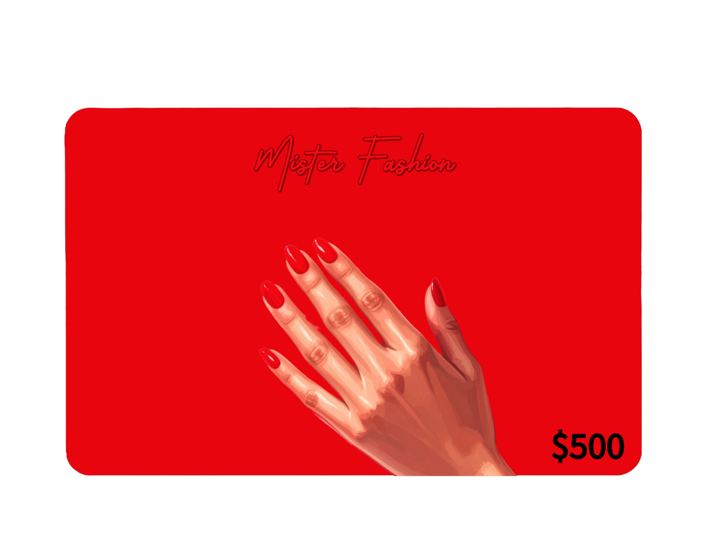 a digital 500 gift card in red with a woman's hand. 