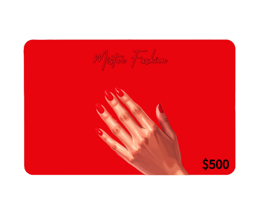 a digital 500 gift card in red with a woman's hand. 