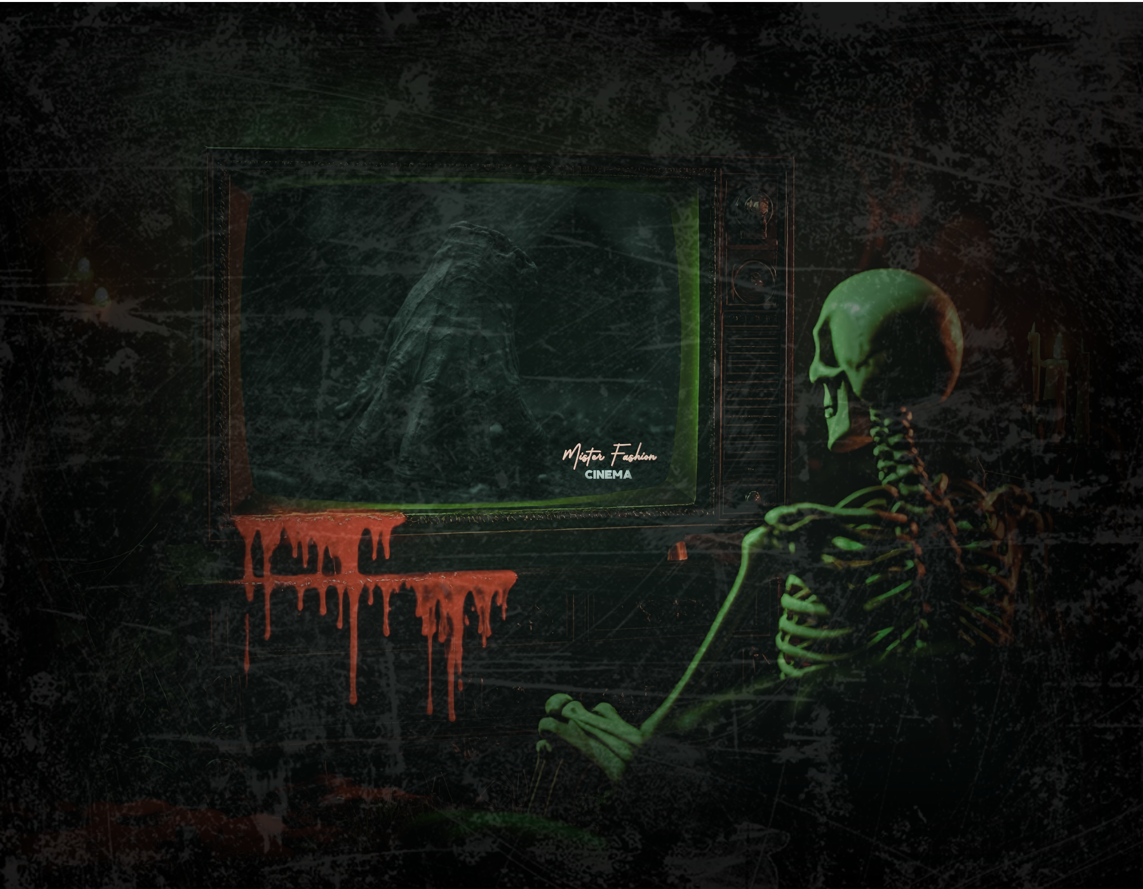 a skull watching tv