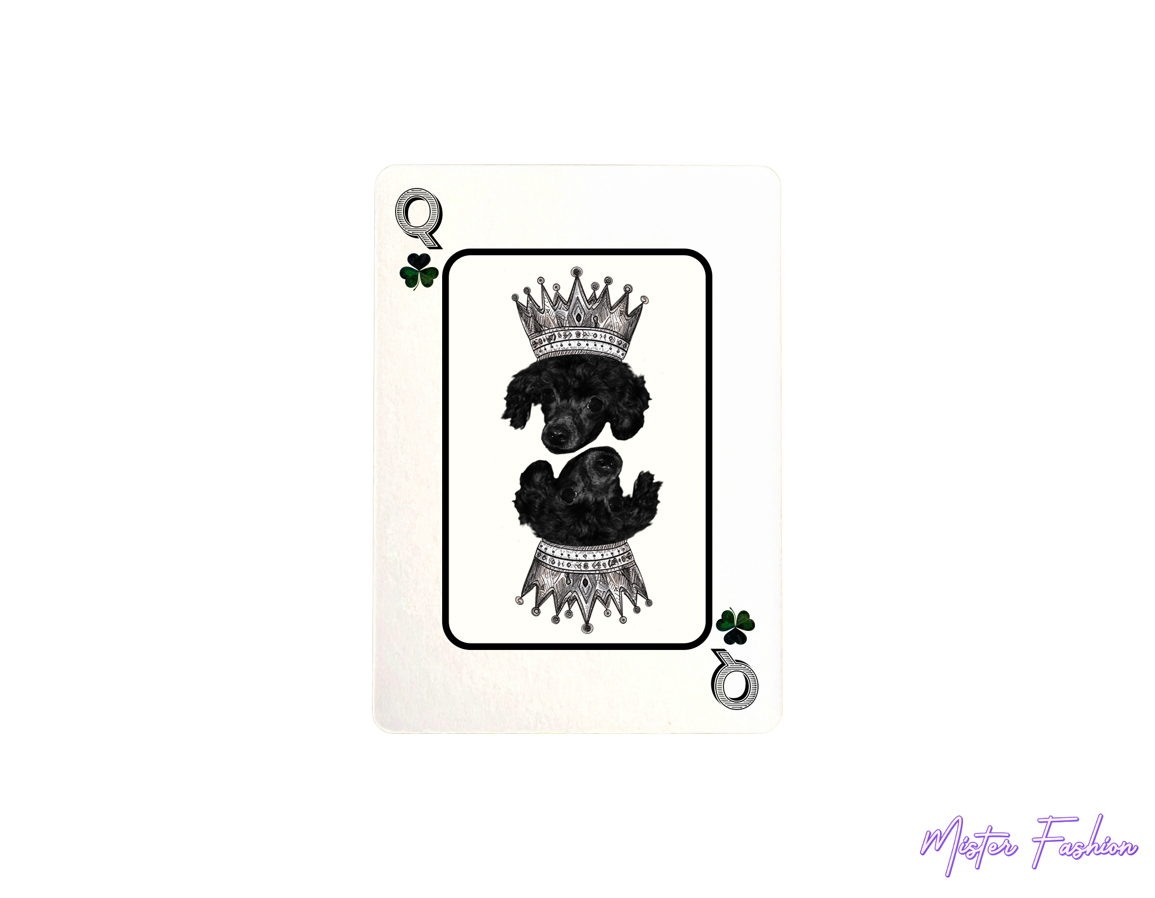 queen of clovers card. with a poodle and a crown. 