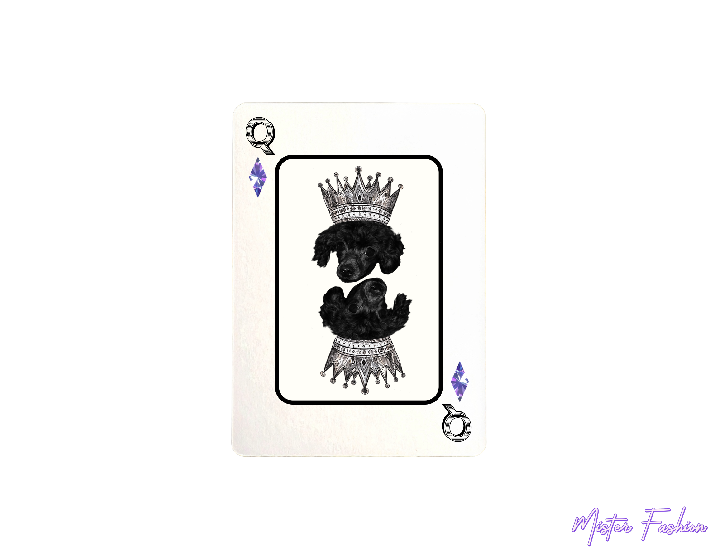 queen of diamonds card. with a poodle and a crown. created by mister fashion studio
