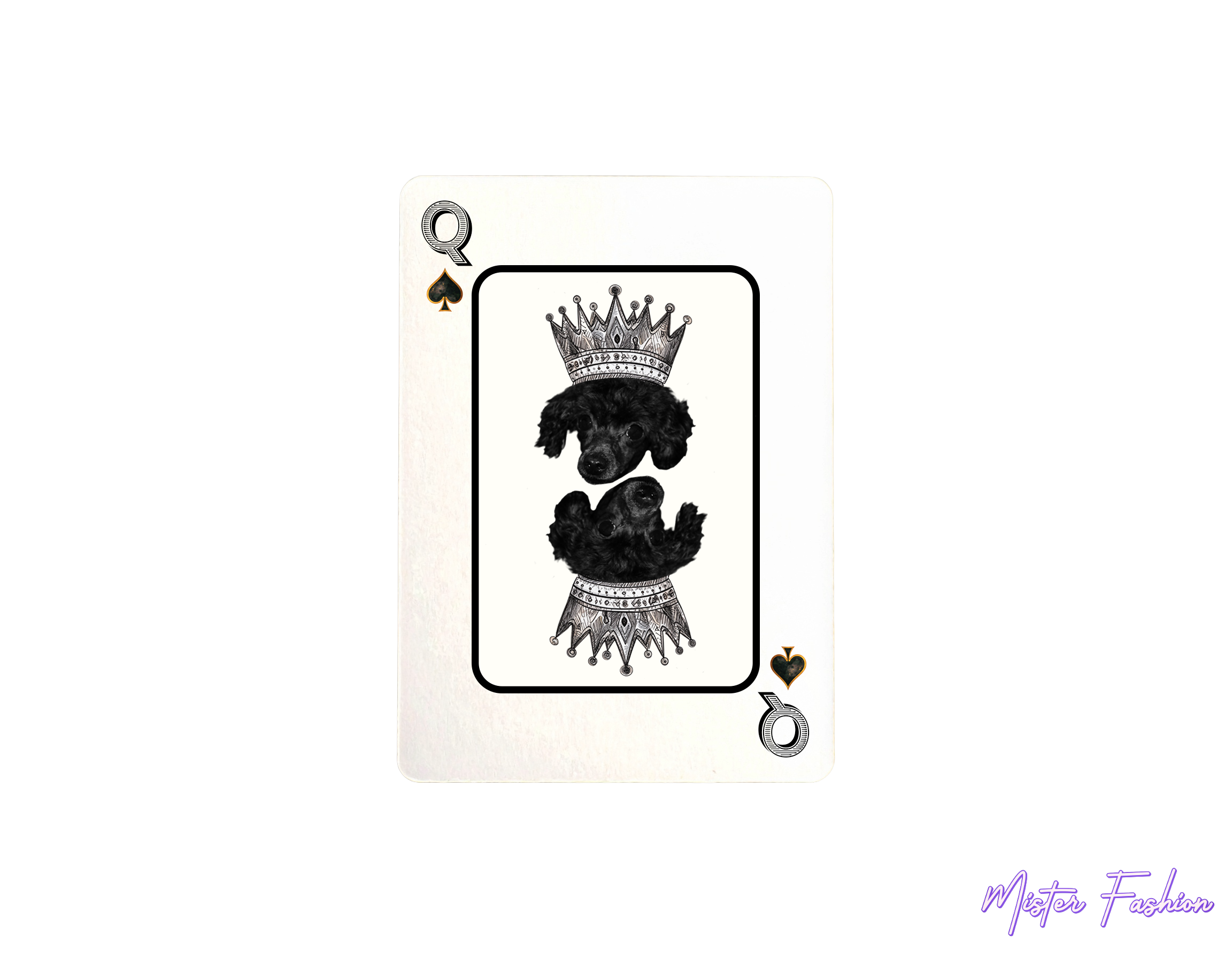 queen of spades card. with a poodle and a crown. 