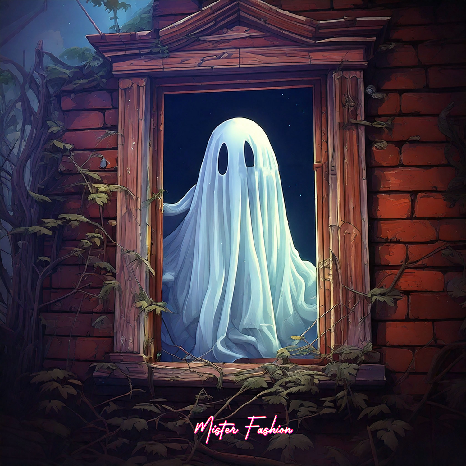 a cartoon ghost is standing in a wooden window frame looking out. 